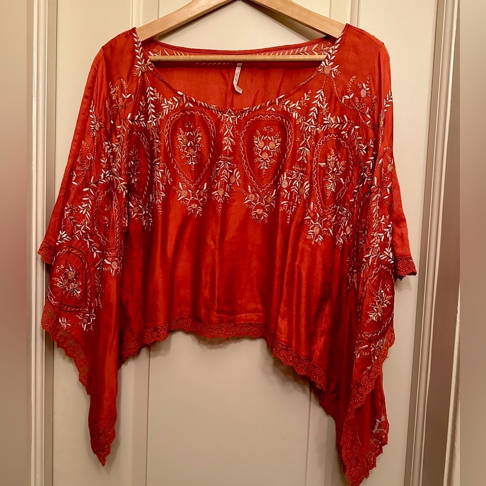 Free People Embroidered Orange Boho Style Blouse. Size XS